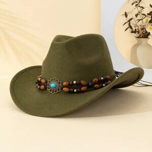 Olive Green Western Style Hat with Beaded Band